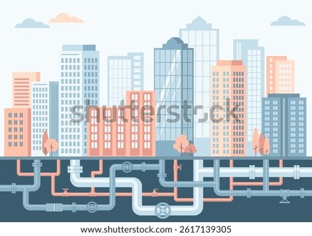 Underground pipelines. City engineering network. Gas pipes, water supply, sewerage, electrical networks. Vector  illustration 