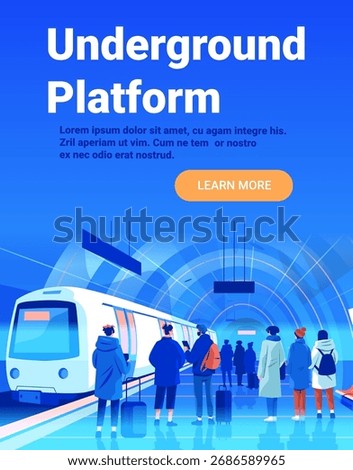 Underground platform subway station commuters waiting modern train blue tunnel people luggage urban transportation public transit web banner template