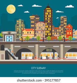 Underground Poster Of Cityscape With Subway Station And Platform Train Passengers Under City Street Flat Vector Illustration