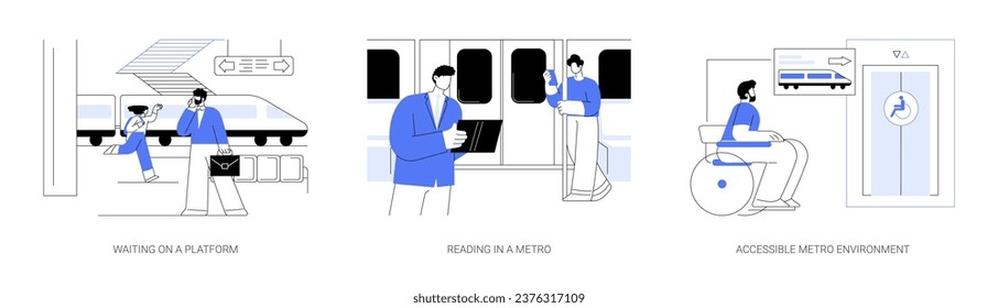 Underground public transport abstract concept vector illustration set. Waiting on a platform, reading in metro, accessible subway environment, lift for disabled people in wheelchair abstract metaphor.