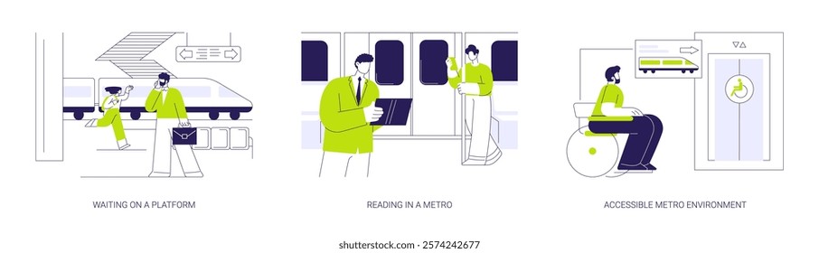 Underground public transport abstract concept vector illustration set. Waiting on a platform, reading in metro, accessible subway environment, lift for disabled people in wheelchair abstract metaphor.