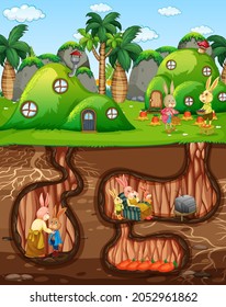 Underground rabbit hole with ground surface of the garden scene illustration