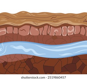 Underground river flowing through an earth layer in cross-section. Flat cartoon illustration ideal for geology, nature, and ecology designs. Perfect for educational and environmental projects.