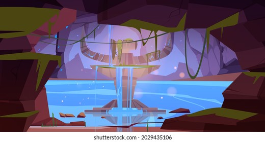 Underground rocky cave with ancient stone altar and flowing water. Vector cartoon illustration of stone cavern with lake or river and tribal totem with devil horns for sacrifice and worship