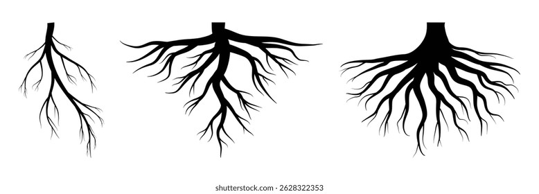 Silueta del sistema de raíces subterráneo. Silueta negra de raíces de árboles enredadas que se extienden hacia afuera. Perfecto para temas de naturaleza, ecología o diseño botánico. Ilustración vectorial.