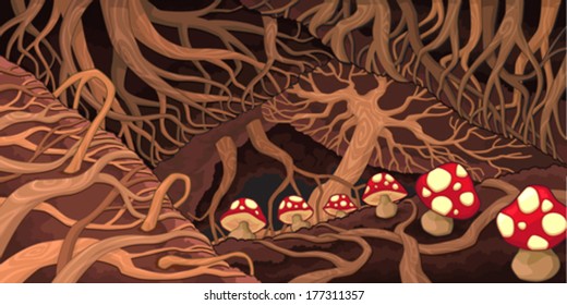 Underground with roots and mushrooms. Cartoon vector illustration. 