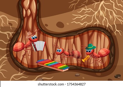 Underground scene with ants playing music  illustration