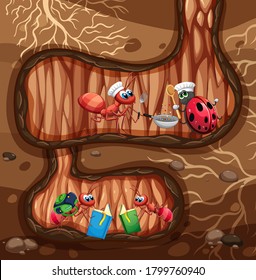 Underground scene with ants reading and cooking  illustration