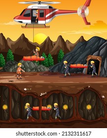 Underground scene with firerman rescue in cartoon style illustration