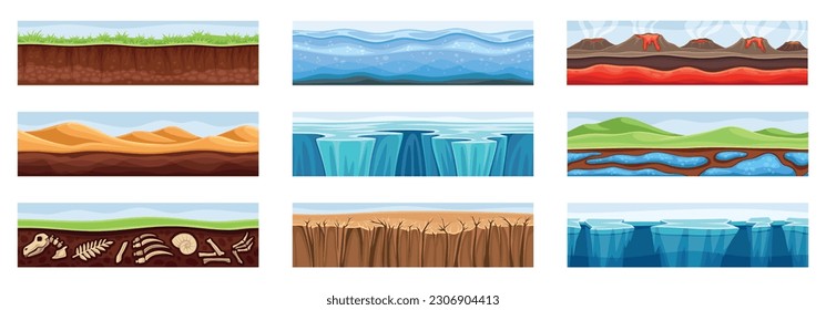 Underground sections set. Layers under surface of earth and water. Geology seamless stickers with sand, grass, glaciers, bones and gravel. Cartoon flat vector collection isolated on white background