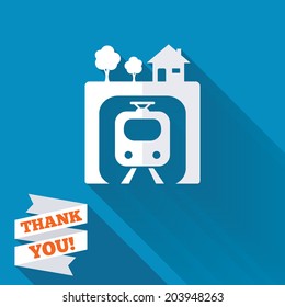 Underground sign icon. Metro train symbol. White flat icon with long shadow. Paper ribbon label with Thank you text. Vector