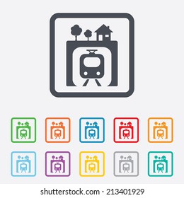 Underground sign icon. Metro train symbol. Round squares buttons with frame. Vector