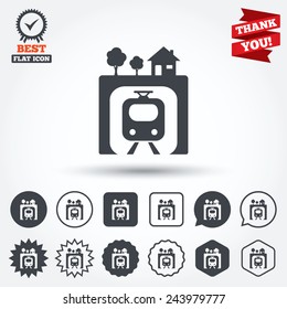 Underground sign icon. Metro train symbol. Circle, star, speech bubble and square buttons. Award medal with check mark. Thank you. Vector