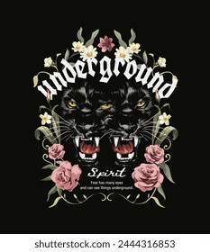 underground sloga with double leopard face in flower frame hand drawn vector illustration on black background