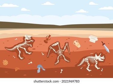 Underground soil layers with fossil animals skeletons and historical ancient artifacts. Science archeology and paleontology research. Flat cartoon vector illustration.