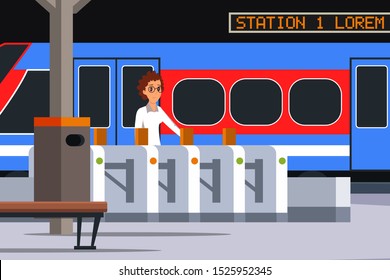 Underground station flat vector illustration. Woman standing near ticket gate, waiting commuter cartoon character. Arriving tram, train stopping at platform. Public transportation. City subway