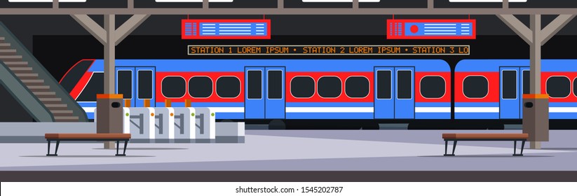Underground station flat vector illustration. Ticket gate. Arriving tram, train stopping at platform. Public transportation. City subway