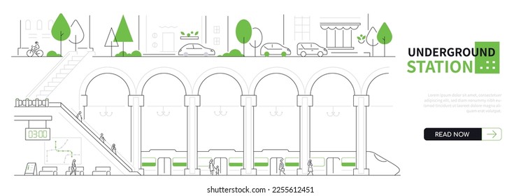 Underground station - modern thin line design style vector banner on white urban background. Composition with highway with cars, subway with transport. People get into the train car. Travelling idea