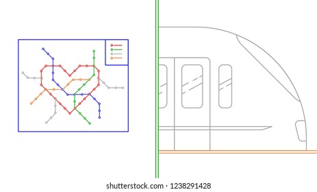 underground station outline vector illustration with metro map heart shaped