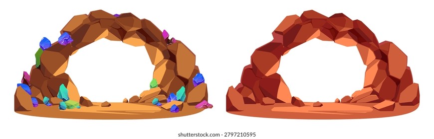Underground stone arches with glowing gemstone crystals and natural rocky cave formations. Decorative entrances for adventure game environments. Vector geological and magical nature compositions