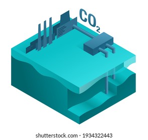 Underground Storage of Carbon Dioxide - Carbon Capture, Utilization and Storage Technologies. Isometric vector illustration