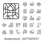 Underground subway sign. Plane, supply chain and place location outline icons. Metro map line icon. Transit topological map symbol. Metro map line sign. Taxi transport, rent a bike icon. Vector