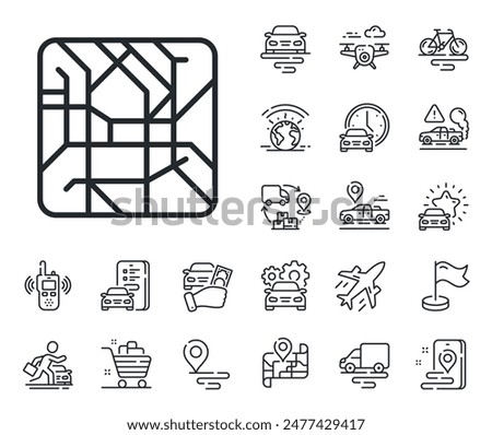 Underground subway sign. Plane, supply chain and place location outline icons. Metro map line icon. Transit topological map symbol. Metro map line sign. Taxi transport, rent a bike icon. Vector
