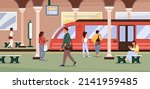 Underground subway station interior with passengers vector illustration. Cartoon crowd of people travel, waiting and standing on platform with metro train background. City transportation concept