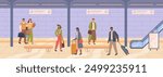 Underground subway station interior with passengers. Vector crowd of people travel, waiting and standing on platform looking for metro train. City transportation. Characters at public or urban commute