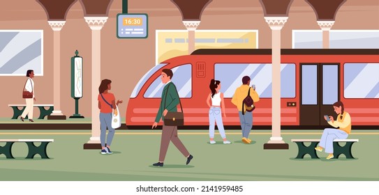 Underground subway station interior with passengers vector illustration. Cartoon crowd of people travel, waiting and standing on platform with metro train background. City transportation concept