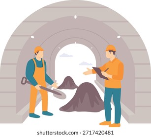 Conceito de Inspeção de Construção de Túnel Subterrâneo, Força de Trabalho Gerenciando o projeto do vetor de Infraestrutura Subsuperficial, bandeira dos trabalhadores da construção, Cena de trabalho qualificada, Ilustração de Obras de Engenharia Civil