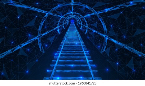 Underground Tunnel With Rails. Metro Train Track. Polygonal Design Of Lines And Points. Blue Background.