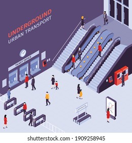 Underground urban transportation subway metro station entrance exit isometric view with escalators turnstile gates passengers vector illustration