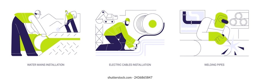 Underground Utility Installation abstraktes Konzept Vektor Illustration Set. Wasserleitungen, elektrische Leitungen, Schweißrohre, Grabungsarbeiten, Datenleitungen, abstrakte Fernmeldemetapher.