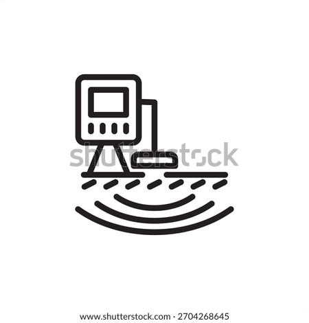 Underground utility locate icon. Features a scanner emitting wave signals into the ground. Represents subsurface mapping, asset detection, Ground Penetrating Radar (GPR), and infrastructure surveying.