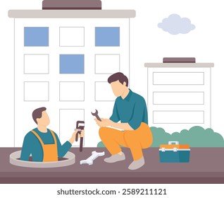 Underground Utility Workers on Duty concept, Manhole Repair Work in an Urban Area by plumbers team vector design, plumbing worker banner, Handyman Services scene, HVAC technician Stock illustration