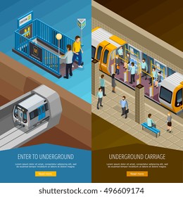 Underground vertical isometric banners set with people and platform symbols isolated vector illustration 
