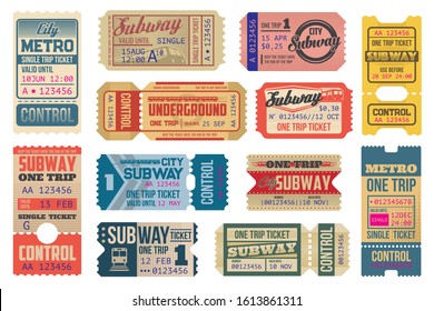 Underground vintage tickets vector templates, subway train and electric railways. Underground transportation retro pass cards or trip coupons with cut lines. Isolated on white