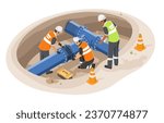 underground water pipe construction engineering inspection and worker working maintenance isometric isolated cartoon