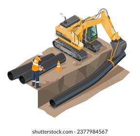 underground water pipe construction isometric public Waterworks installation concept engineer working at site with yellow backhoe islolated vector