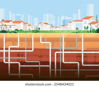 Sistema de drenaje subterráneo de tuberías de agua bajo la ciudad moderna