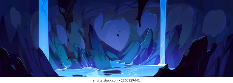 Underground waterfall and river in dark cave. Vector cartoon illustration of neon blue water streams falling down stone walls into magic lake inside mountain, underworld adventure game background