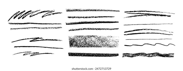 Pinselstriche unterstreichen. Handgezeichnete Pastellkritzel. Vektorgrafik Kreide Bleistiftlinien, skizzenhafte durchgestrichene Markierungen, staubige Schnörkel, Wirbel. Schwarze Farbe Horizontale Trennleiste blüht, zickzack und Streifen