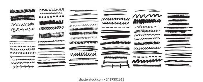 Underline brushstroke set, line scribble doodle, black pencil vector hand drawn divider collection. Sketch marker border, crayon stripe kit, grunge creative text decoration. Underline brushstroke