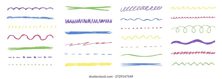 Unterstreichen Kreide Linien und Schnörkel Set, handgezeichnete Doodle Skizze bunt unterstreicht dicken Linien Rand, swoosh. Texturierte, skizzenhafte Stifte mit Pinselstrichen oder wellenförmigen Strichen