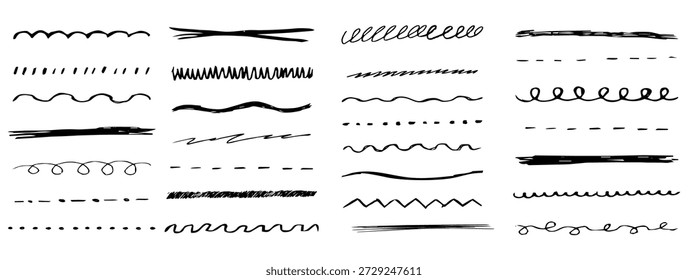 Unterstreichen Kreide Linien und Schnörkel Set, handgezeichnete Doodle Skizze unterstreicht dicken Linien Rand, swoosh. Texturierte, skizzenhafte Stifte mit Pinselstrichen oder wellenförmigen Strichen