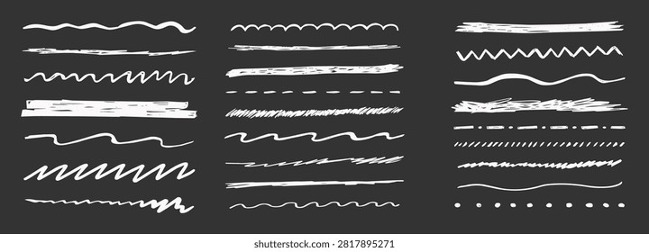 Underline crayon, chalk texture doodles highlight strokes on blackboard. Scribble collection. Scrawl separator line divider hand drawn squiggle border set. Straight, wavy and zigzag underlines