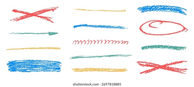 Subraye el conjunto dibujado de crayón. Líneas de trazo de pincel de lápiz. Dibujado a mano niño texturizado raya recta, énfasis Elementos a mano alzada. Flecha, garabatear resaltados coloridos. Vector crayón pintado divisor aislado