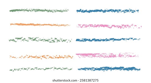 Underline crayon set. Chalk brush stroke doodle isolated on white background. Freehand dividers pencil elements. Scribble long textured grunge highlight. Vector strips illustration