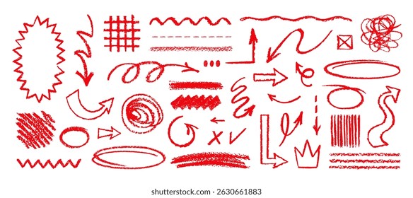 Underline crayon set. Hand drawn line arrow. Red underline mark. Brush, marker, pencil, crayon hand drawn note highlight. Painting emphasis, check by red pen, chalk, pastel. Doodle line, circle arrow